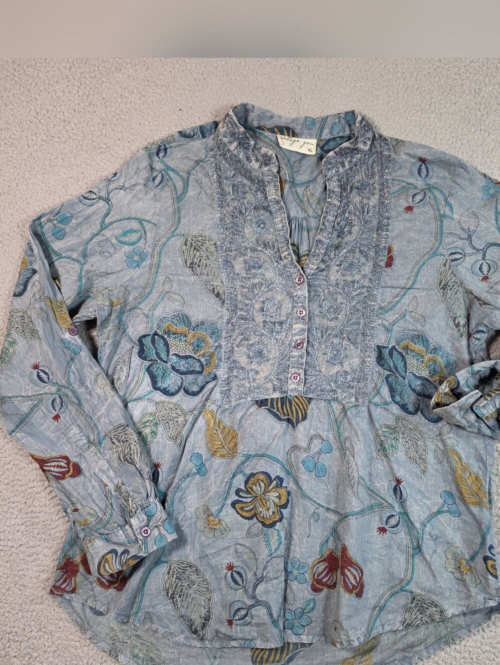 Vintage Goa Embroidered Floral Print Top Womens XL Blue Popover Boho Peasant